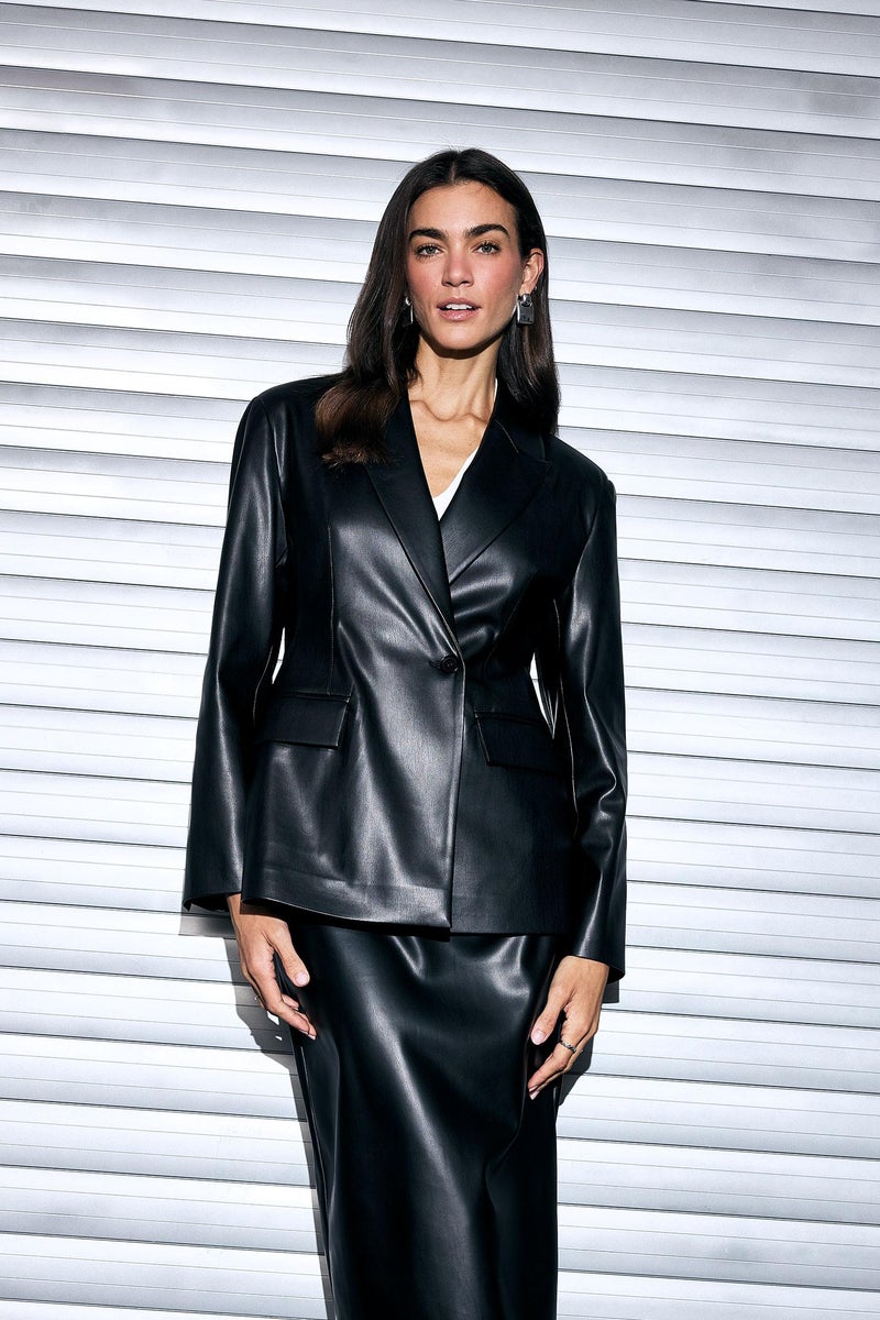 DeFacto Black Woman Slim Fit Jacket Collar Faux Leather Blazer Casual - Image 1